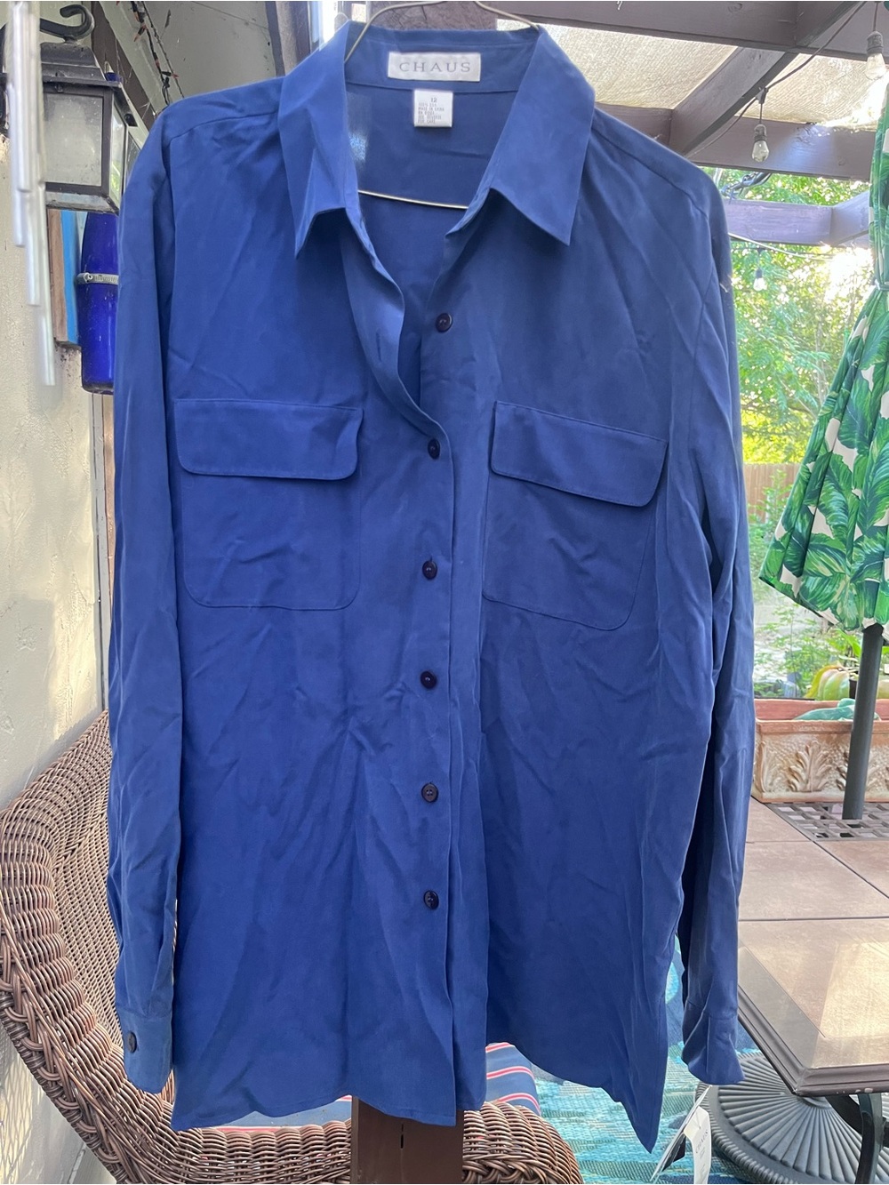 Chaus NWT Vintage Silk Button Down Blouse Size 12 New With Tags Navy